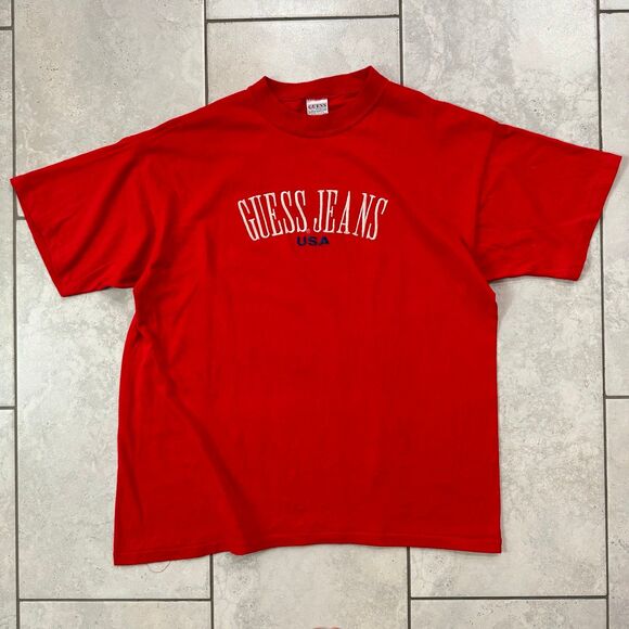 Vintage 80s Guess Spellout T-Shirt Size L Original Red Made In USA - Picture 1 of 7